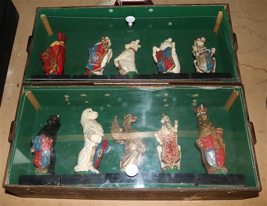 The Queens Beasts, 10 painted figures modelled by James Woodford for the 1953 Coronation, in fitted wood case (faults)(-)